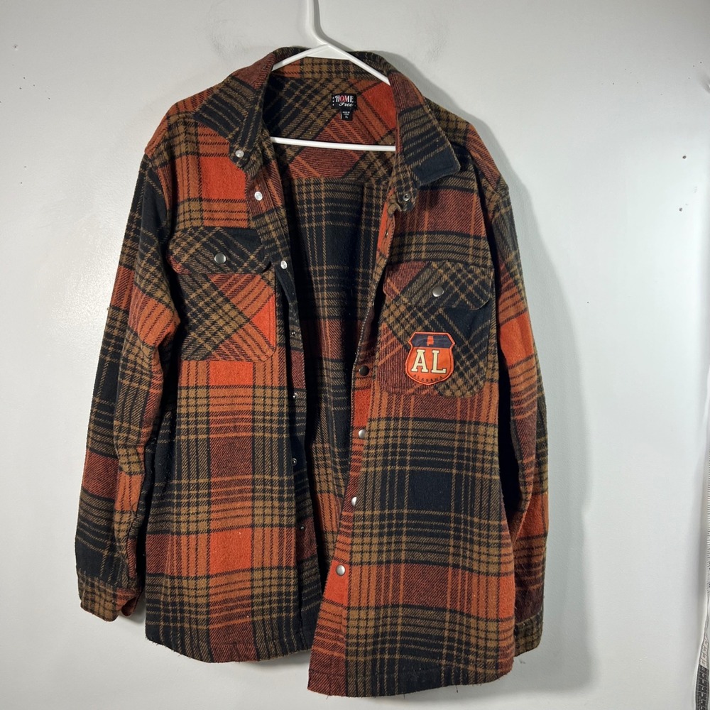 Mens Home Free Alabama Plaid Thick Snap Shacket Orange Black XL